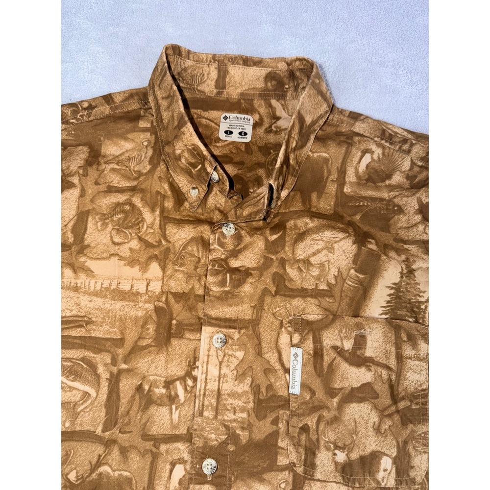 Columbia Mens PFG Large Button Down Long Sleeve Shirt Camo‎ Wildlife Print